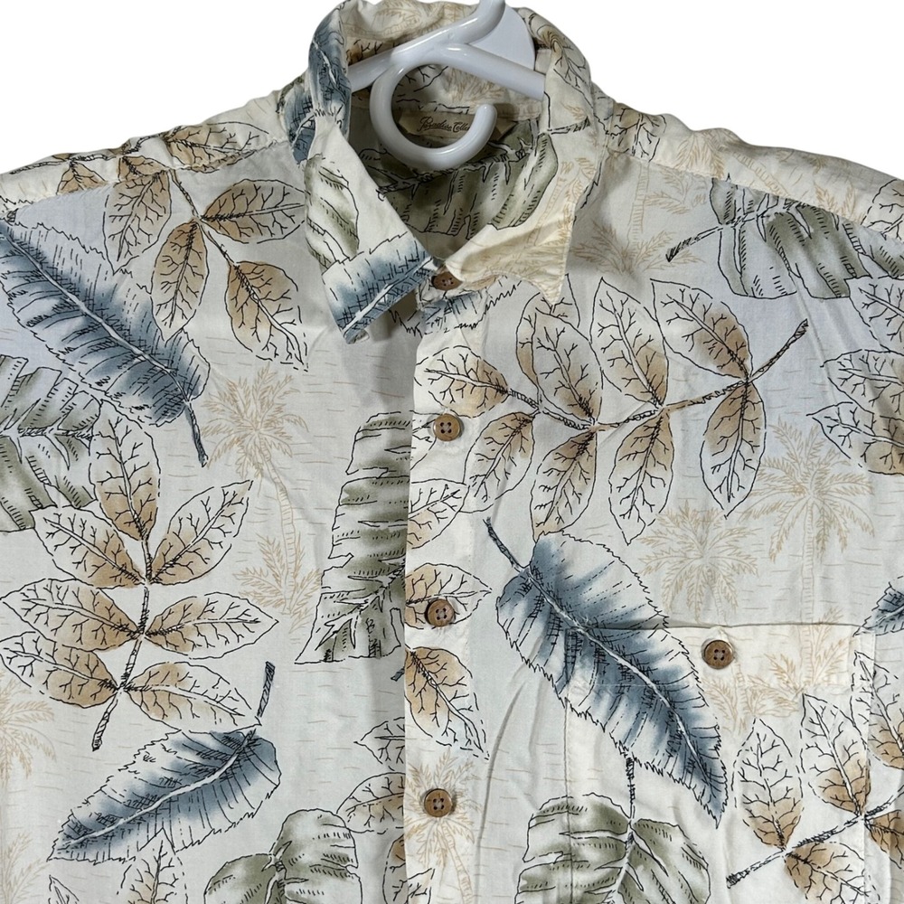 Paradise Collection Mens Size Medium Cream Tropical Leaf Rayon Button Down Shirt